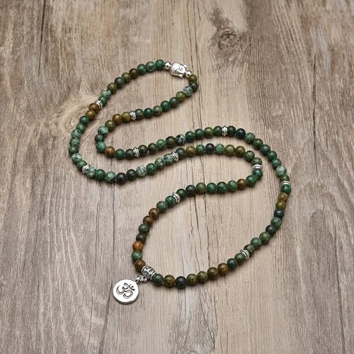 Japa Mala Beads 108 Bracelet, Buddha Charm Necklace with OM Yoga Symbol Charm for Men or Women - style: African Turquoise