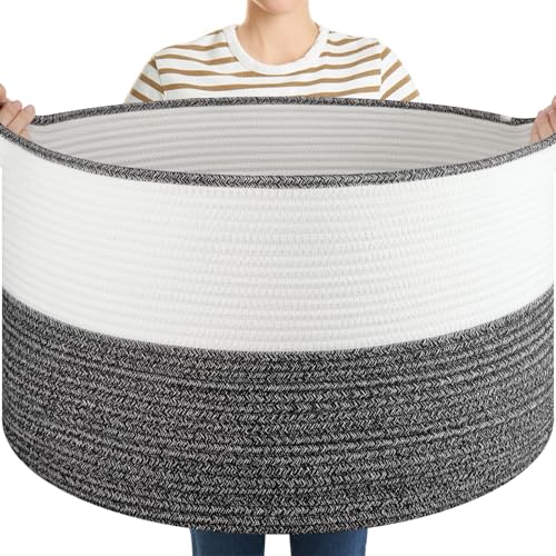 OIASKET Large Blanket Basket with Handles, 22.8" x 22.8" x 13" Woven Storage Basket for Living Room, Cotton Rope Baby Toy Storage for Clothes, Pillows, Towels-Black & White - color: Black and white, size: 90L