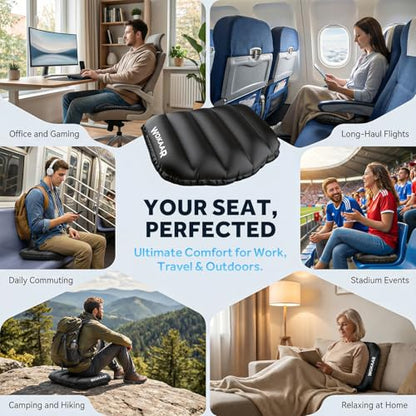 Inflatable Airplane Seat Cushion with Memory Foam | 3D Scalloped Air Baffles | Sit-to-Adjust Firmness | 2-in-1 Seat Pad & Lumbar Support, Tailbone Relief | 30s Inflate & 1s Deflate | Travel & Office