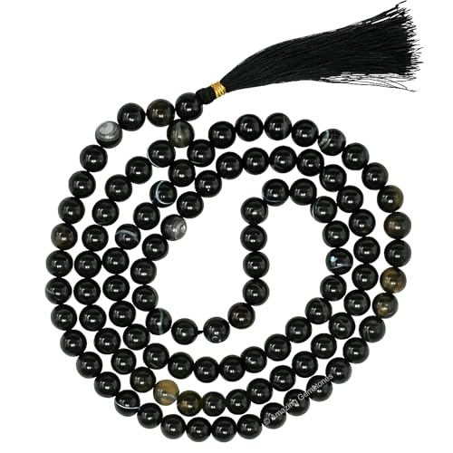 Amazing Gemstone Japa Mala 108 Prayer Beads Necklace and Wrist Mala Bracelet for Meditation - color: Black Banded Agate, size: Without Knots