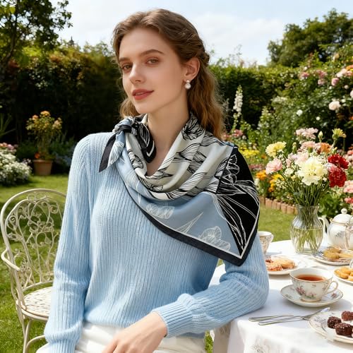 35" Head Scarf Large Square Scarf Like Cotton Hairscarf Fashion Scarves Bandana Night Sleeping Wraps for Women B01 - color: Black/Blue Tulips