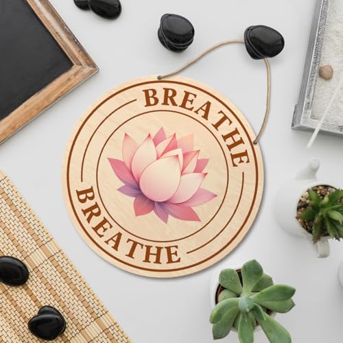 Meditation Room Sign Wall Decor, Meditation Lotus Flower Decor for Home Living Room Bedroom, Yoga Studio Spiritual Room Zen Den Hanging Sign Decorations, Gifts for Women Yoga Lover, Breathe