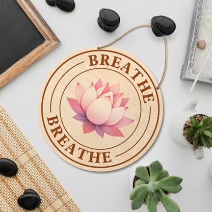 Meditation Room Sign Wall Decor, Meditation Lotus Flower Decor for Home Living Room Bedroom, Yoga Studio Spiritual Room Zen Den Hanging Sign Decorations, Gifts for Women Yoga Lover, Breathe
