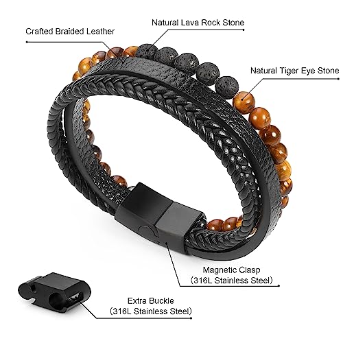 FOCOOG Leather Bead Bracelets for Men, Natural Tiger Eye Lava Rock Stone Bead Magnetic Clasp Adjustable Leather Bracelets Stress Relief Mens Anxiety Bracelet Mens Jewelry Gifts - style: Black Leather-Tiger Eye&Lava Rock