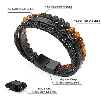 FOCOOG Leather Bead Bracelets for Men, Natural Tiger Eye Lava Rock Stone Bead Magnetic Clasp Adjustable Leather Bracelets Stress Relief Mens Anxiety Bracelet Mens Jewelry Gifts - style: Black Leather-Tiger Eye&Lava Rock