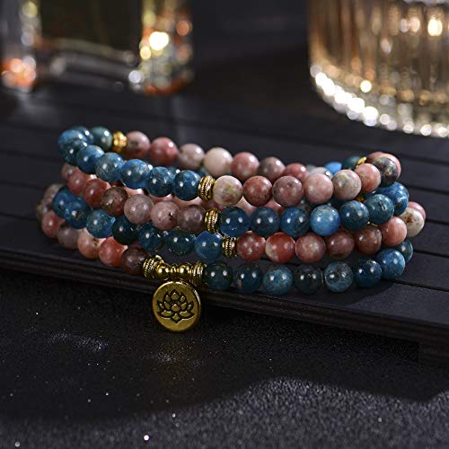LIUANAN 108 Mala Beads 8mm Natural Bracelet Healing Gemstone Yoga Meditation Hand Knotted Mala Prayer Bead Necklace - color: Apatite