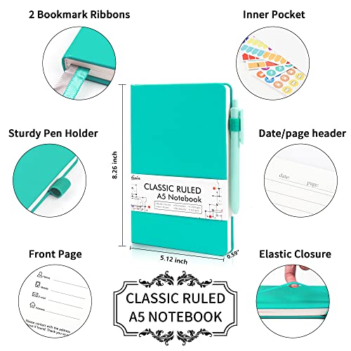 feela 24 Pack Journal Notebook Bulk for Work, Business Notebook Hardcover Lined Writing Journal with Pen Holder for Men Women Note Taking, with 24 Black Pens, 120 GSM, 5.1”x8.3”, A5, Aqua - color: 24 Aqua