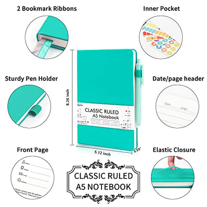 feela 3 Pack Notebooks Journals Bulk, Hardcover Notebook Classic Ruled Lined Journals with Pen Holder for Women Girls School Business Supplies, with 3 Black Pens, 120 GSM, 5.1”x8.3”, A5, Aqua - color: 3 Aqua