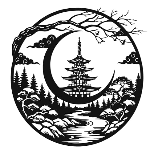 JEWLOVE Metal Japanese Wall Art, Japanese Decor with Bonsai Tree & Torii Gate - Zen Asian Night Scene Home Decor for Living Room, Bedroom, Office (12.4" x 12.2") - color: Japanese Temple