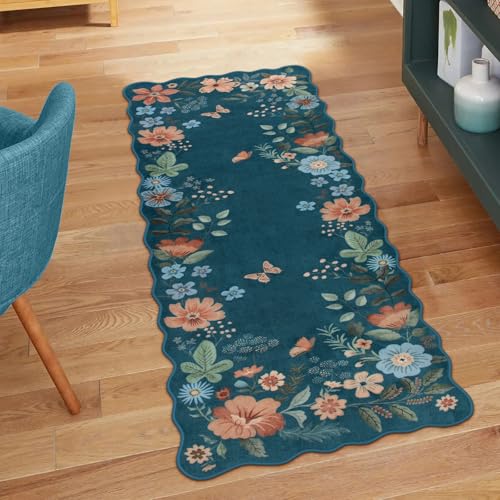 Lahome Floral Rugs for Entryway, 2x4 Washable Kitchen Rugs Ultra-Thin, Non Slip Indoor Door Mat Stain Resistant Boho Small Low-Pile Throw Carpet for Bathroom Bedroom Flore (2x4ft,Navy Blue) - color: Navy Blue, size: 2' x 4'（Rectangular）