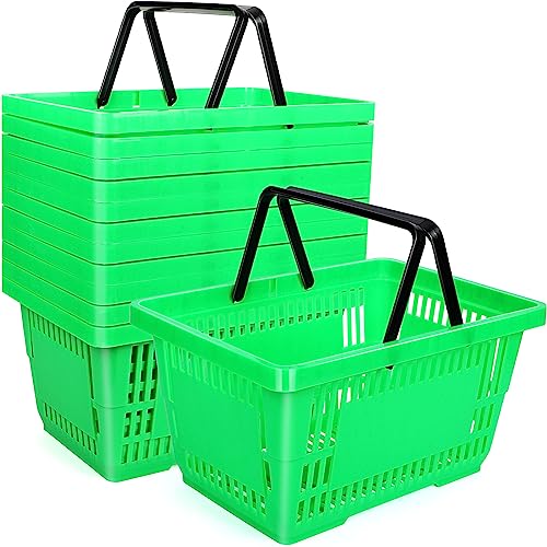 12 Pcs Shopping Baskets 20 L Plastic Store Retail Baskets with Handles 16.9 * 11.8 * 9.1 Inches for Market Grocery Supplies Thrift Convenience Storage(Green) - color: green