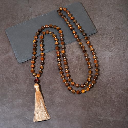 8mm Natural Stone 108 Mala Beads Necklace for Men and Women - color: Brown Tiger Eye