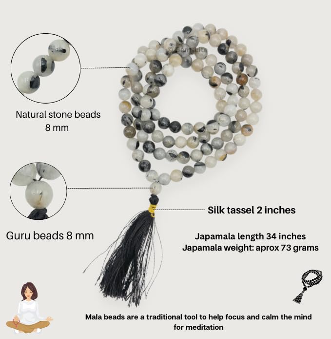 GEMSCITE Japa Mala 108 Prayer Beads Perfect for Meditation Spiritual Mala Necklace & Wrist Mala Bracelet - color: Black Rutilated Quartz, size: Without Knots