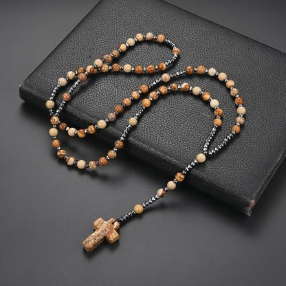 LIYAPEI Triple Protection Necklace with Tiger Eye, Obsidian, and Hematite - Stylish Men's Cross Necklace and Women's Y-Shaped Sweater Chain An Anxiety Relief Beaded Necklace. - color: yellow