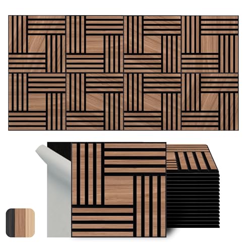 WoveN SounD Artisan Acoustic Wall Panels, 16 Pack 12x12 Inch, PVC Wood Grain Carved Sound Proof Wall Decor, Self-Adhesive for Home, Studio, Office & Focus Zones, Metre, Teak - color: Metre, Teak, 16 Pack