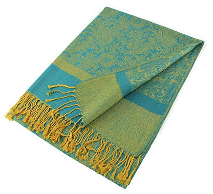 PASKMLNA Paisley Jacquard Pashmina Shawl Wrap Scarf Stole - color: Aqua Gold
