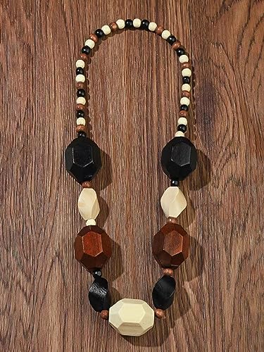 COLORFUL BLING Ethnic Natural Wood Beads Necklace for Men Women Africa Wooden Chain Chunky Strand Necklace Statement Hip Hop Jewelry - color: mix brown black