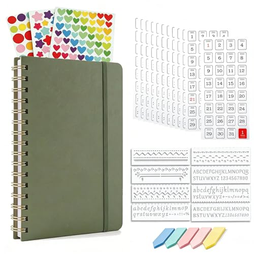 Dot Grid Journal Starter Kit, A5 Spiral Notebook with Stencil Ruler, Date & Color Stickers, Hardcover, 120gsm Thick Paper, Subtle Blue Dotted Pages for Planning, Study & Work - Green - color: Green