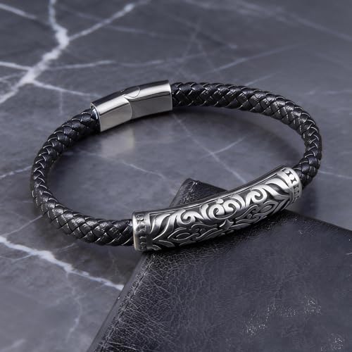 Men's Leather Bracelet, Stackable Stainless Steel Clasp Bracelets for Men Stylish Birthday, Thanksgiving, Valentine's Day Gift for My Man - style: 8.6"
