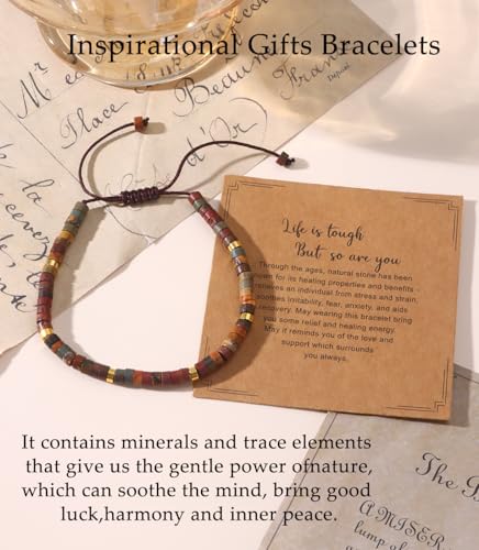 CASDAN Natural Crystal Beaded Bracelet for Women Natural Stone Adjustable Braided Rope Bracelets Spiritual Bracelet Inspirational Gifts - color: Picasso Marble