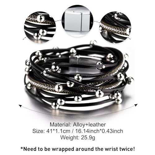 Fesciory Leather Wrap Bracelets for Women, Boho Leopard Multi-Layer Crystal Beads Cuff Bracelet Jewelry - color: A4:Black Beads(Double Wrap)
