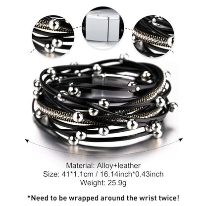 Fesciory Leather Wrap Bracelets for Women, Boho Leopard Multi-Layer Crystal Beads Cuff Bracelet Jewelry - color: A4:Black Beads(Double Wrap)