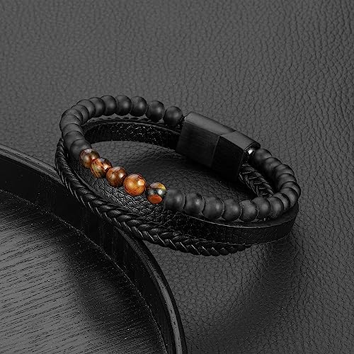 FOCOOG Leather Bead Bracelets for Men, Natural Tiger Eye Lava Rock Stone Bead Magnetic Clasp Adjustable Leather Bracelets Stress Relief Mens Anxiety Bracelet Mens Jewelry Gifts - style: Black Leather-Matte Agate&Tiger Eye