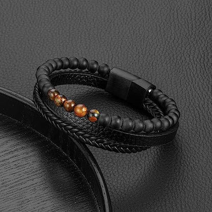 FOCOOG Leather Bead Bracelets for Men, Natural Tiger Eye Lava Rock Stone Bead Magnetic Clasp Adjustable Leather Bracelets Stress Relief Mens Anxiety Bracelet Mens Jewelry Gifts - style: Black Leather-Matte Agate&Tiger Eye