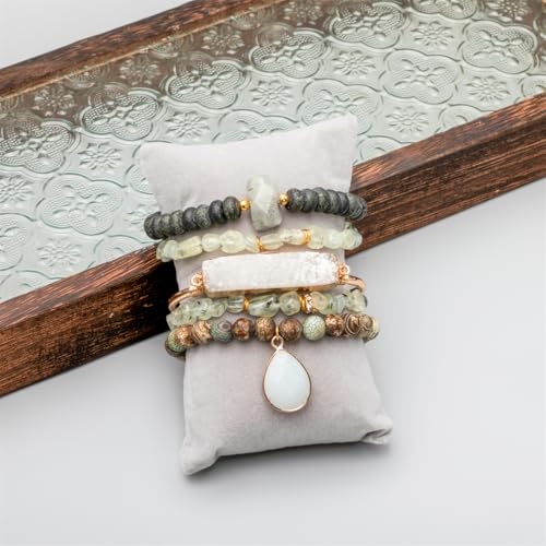 5PCS Natural Boho Beaded Bracelets Bangle for Women Men,Healing Turquoise Jasper Agate Crystal Gemstone Stone Chakra Multilayer Wrap Bohemian Handmade Jewelry Beads Stretch Bracelet Set - color: Grey Green