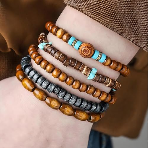 Puka Shell Bracelet for Men Wooden Bracelets Turquoise Stack Beaded Minimalist Trendy Jewelry for Friend Gift - style: 5pcs-Blue Brown