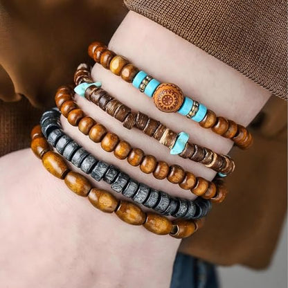 Puka Shell Bracelet for Men Wooden Bracelets Turquoise Stack Beaded Minimalist Trendy Jewelry for Friend Gift - style: 5pcs-Blue Brown