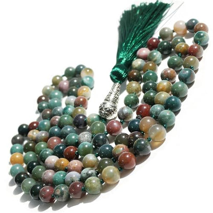 Mala Beads 108 Handmade Necklace,Natural Indian Agate Turquoise Amethyst with Alloy Guru Bead and Tassel,43.2 Inches for Prayer,Meditation,Yoga - color: Indian Agate