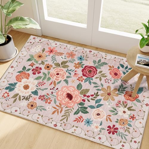 DUKINO 2x3 Rugs for Entryway, Floral Indoor Washable Door Mat, Non Slip Boho Small Rug for Kitchen, Soft Low Pile Front Door Throw Rug for Entrance, Bedroom, Kitchen, Laundry, Bathroom, Beige - color: Beige, size: 2' x 3' (Rectangular)