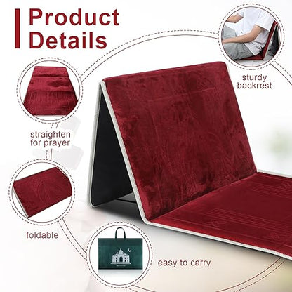Timgle Foldable Prayer Mat Prayer Rug with Backrest Folding Meditation Chair with Storage Bag Soft Meditation Rug Praying Mat Praying Carpet for Rest Men Women Prayer Ramadan Eid, Muslim Gift (Red)