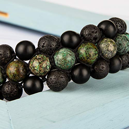 8mm Natural Lava Rock Stone Bracelets for Men, Healing Crystal Essential Oil Diffuser Beads Bracelet Chakra Yoga Energy Anxiety Gemstone Bracelet - color: African Turquoise + Lava Rock + Agate