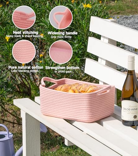 CLHMILY&Z Small Cube Storage Baskets, Decorative Woven Cotton Rope Baskets with Handles for Organizing, Shelf, Closet, Nursery, Bathroom, Toy Organizer Bins (1, Pink, 11.4 x 7.5 x 4.7)