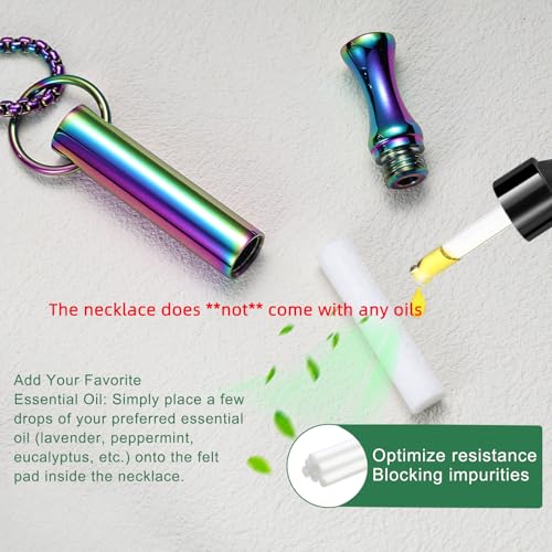 Breathing Necklace for Calm & Focus - Personal Essential Oil Diffuser for Anxiety Relief, Quit Smoking, Yoga and Meditation - Reusable Stainless Steel Pendant for Women Men - color: Rainbow