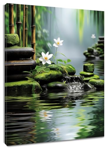 HVEST Zen Stone Wall Art for Living Room Green Bamboo and White Floral on Water Pictures Wall Decor Modern Yoga Spiritual Framed Canvas Wall Art for Bedroom Bathroom Home Office Decor,20L X 16W inches - color: Green, size: 20"L x 16"W