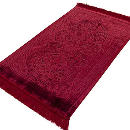 Modefa Luxury Velvet Prayer Rug with Prayer Beads | Soft Elegant Muslim Turkish Janamaz Sajada Carpet for Men and Women | Plain Solid Prayer Mat Ramadan Eid Gift - Paisley (Red) - color: Red