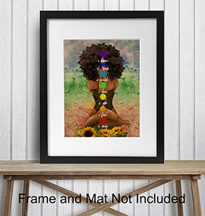Black Art for African American Women - Boho Positive Affirmations Zen Meditation Decor - Inspirational Afro Yoga Wall Art - New Age Hippie Chakra Room Decor - Personal Growth Uplifting Spiritual Gifts - size: 8"L x 10"W