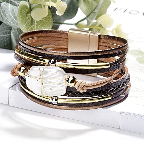 Fesciory Leather Wrap Bracelets for Women, Boho Leopard Multi-Layer Crystal Beads Cuff Bracelet Jewelry - color: Brown Leather(Pearl)