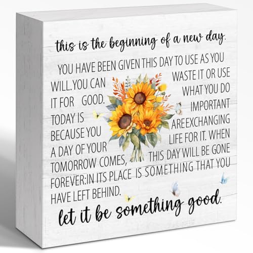 Motivational Wooden Box Sign 5x5x1 INCH, This Is The Beginning of A New Day Sign, Inspirational Office Daily Reminder Desk Decor For Work And Home - style: This Is The Beginning