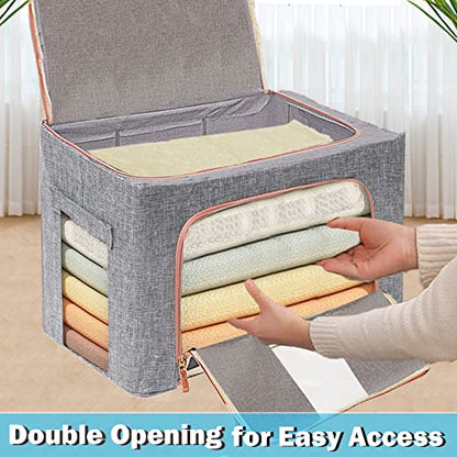 Large Capacity Clothes Storage Bags Stackable Storage Organizer with Foldable Metal Frame Zipper Handles Clear Window Storage Container Box for Blanket Sweater Comforter Pillow (100L Gray 2 Pack)