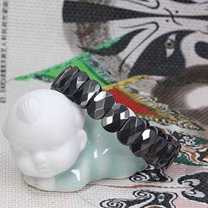Keleny Semi Precious Stones 14mm Faceted Oval Beads Crystal Rock Elastic Bangle 7.5 Inch - color: Black Hematite