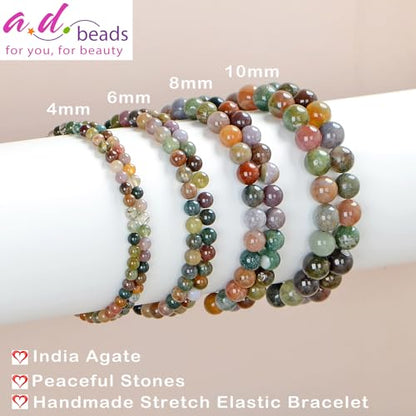 AD Beads Handmade Gemstone Stretch Elastic Bracelet Crystal Healing Reiki Nature's Beauty and Spiritual Essence Unisex - color: Indian Agate, size: 4mm
