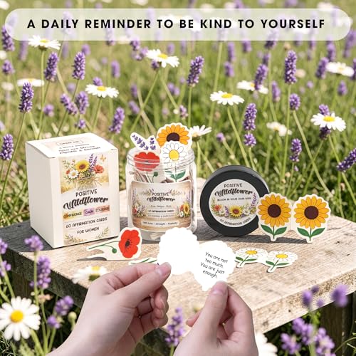 Positive Affirmations Cards for Women, Positive Wildflower Jar with 60 Daily Cards – Sunflower Daisy Lavender Poppy, Encouragement Gift for Mom Sister Friend, Birthday Stress Relief Desk Decor Gifts