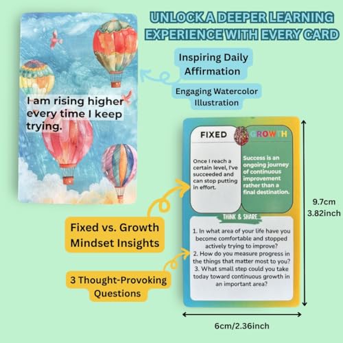 UHillMinerva Growth Mindset Affirmation Cards, 52 Watercolor Illustrated with Fixed vs Growth Comparison, Inspirational Cards for Teens Adults Parents Teachers Personal Development