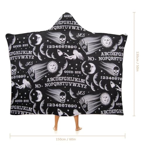 Skull Moon Sun Gothic Witch Board Seamless Black Large Size Comfortable Hooded Blanket, Warm Blanket 50"x60" - color: Skull Moon Sun Gothic Witch Board Seamless Bl, size: 50"x60"