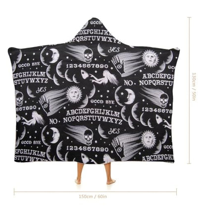 Skull Moon Sun Gothic Witch Board Seamless Black Large Size Comfortable Hooded Blanket, Warm Blanket 50"x60" - color: Skull Moon Sun Gothic Witch Board Seamless Bl, size: 50"x60"