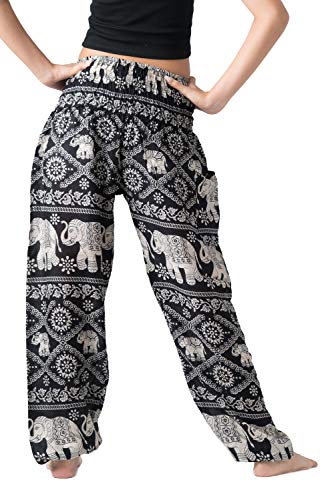 B BANGKOK PANTS Harem Pants Women Yoga Boho Clothes with Pockets - color: Black Elephant, size: One Size Extra Long